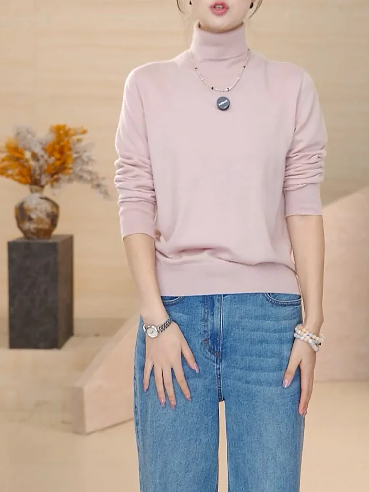 

Розовая нежная базовая водолазка с высоким воротником для женщин, осенняя новинка 2025 года, большие размеры, модный универсальный топ из шерсти Snow Dr