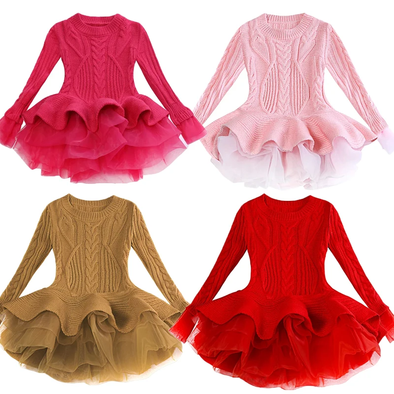 Autumn and Winter Girls' New Long sleeved Mesh Sweater Tutu Dress Christmas Halloween Birthday Party Fashion Warm Woolen Dress