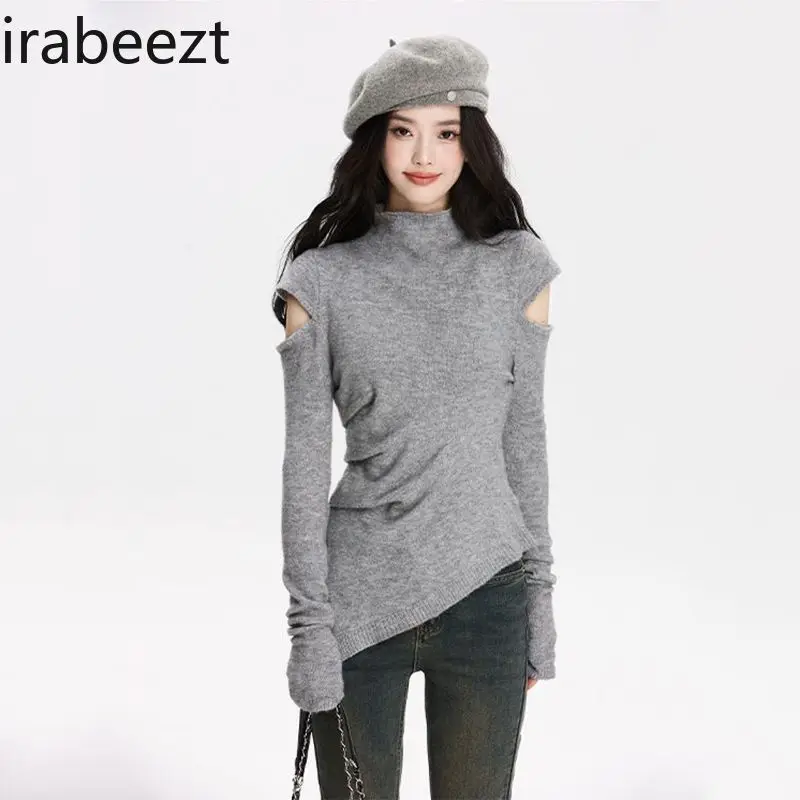 Off-shoulder Turtleneck Knitwear in Autumn and Winter Slimming Irregular Carefully Designed Base Sweater Streetwear Pullover