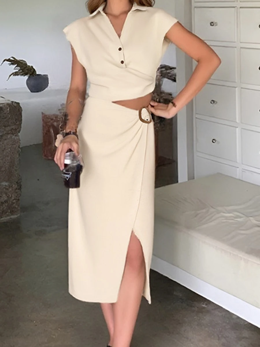 

Buckle Solid Midi Skirts 2 Piece Set Women V Neck Short Sleeve Folds Shirt Top Summer Simple Casual Elegant Long Split Skirt Set