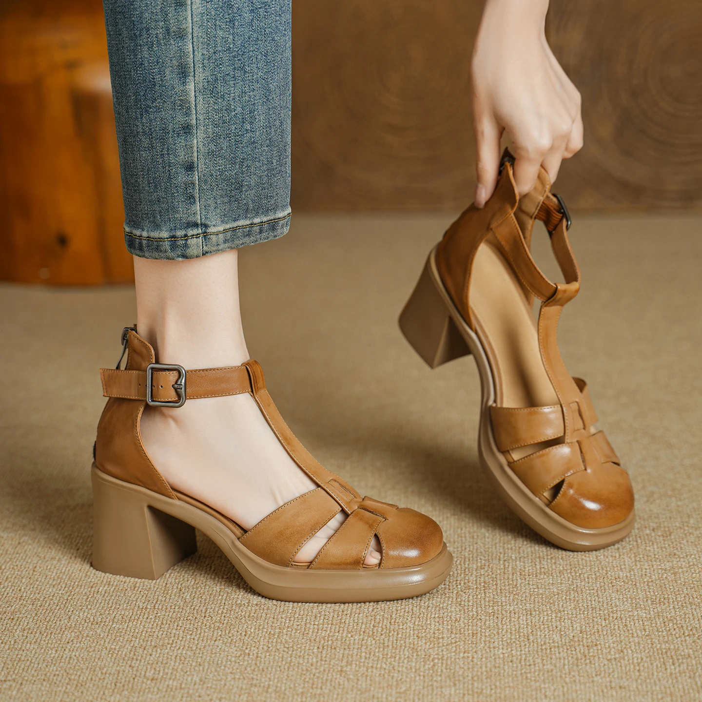 

Genuine Leather Cowhide Heels Women's Sandals,Thick Heels Summer High Heels,Fashion Platform Women Shoes