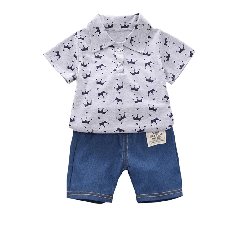 2Pcs Children Clothing for Boy 1-4Y Crown Print Shirt+Jeans Short Summer Cotton Soft Kids Set Toddler Casual Outing Fashion Suit