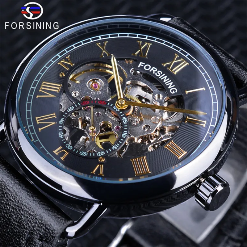 Fashion Forsining Top Brand Men\'s Casual Classic Popular Hollow Out Waterproof Handwinder Automatic Mechanical Leather Watches