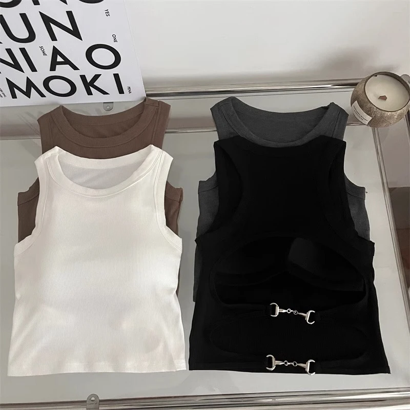 Sexy Backless Knitting Tank Tops For Women New Women Hollow Tank Tops With Bra Pad Running Tops Y2K Streetwear Off Shoulder Vest