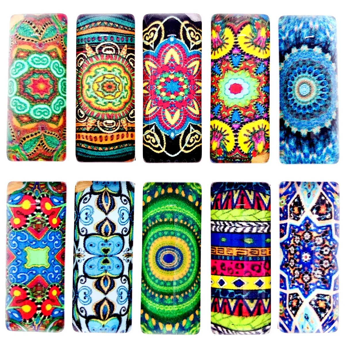 Onebeading 10x25mm Mixed Colorful flower Rectangle Glass Cabochon Dome Jewelry Finding Cameo Pendant Settings 10pcs(5pairs)