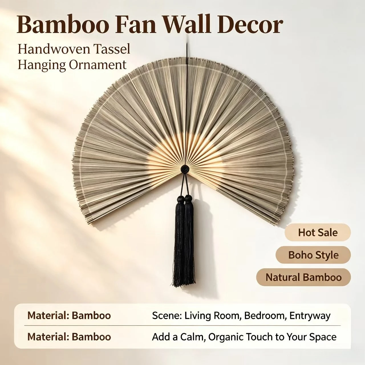 New Chinese Style Handwoven Bamboo Wall Hanging Fan, Vintage Oriental Decor Fan for Homestay, Tea House, Wedding Wall Decoration