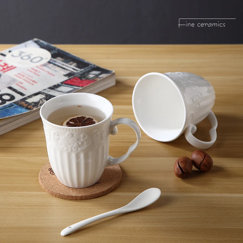350ML, White Embossed Porcelain Coffee Mug, Vintage Tazas Cup, Ceramic Tea Mug Cute, Mugs Creative, Vaso Cafe Present
