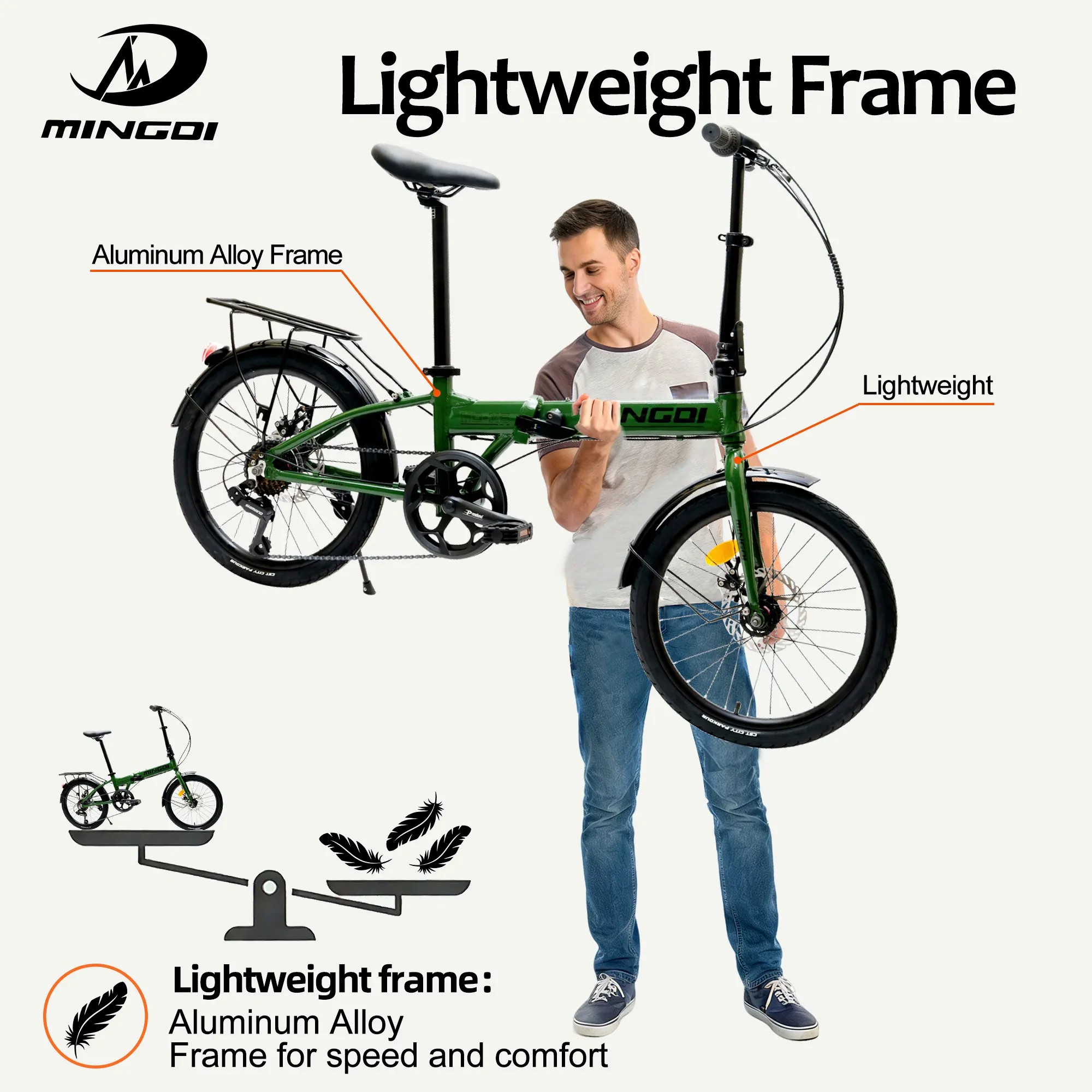 20 Inch Folding Bike Aluminum Alloy Frame 7 Speed Shimano Disc Brake Rigid Fork Wide Tires Quick Release Clamp Rear Rack