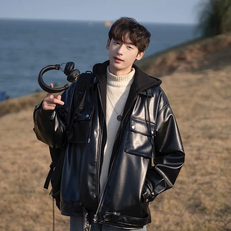 

Large Size 300 Pou Hooded Leather Jaet Men's Autumn Winter Trendy American Retro Cool Motorcycle Jaet Casual Sle