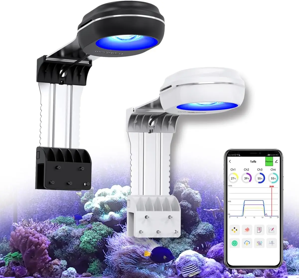 

Светодиодный светильник NanoReef 65 LED для аквариумов, полный спектр, для морских рифов, мягких кораллов LPS, аквариумов с морской водой, со встроенным таймером и Wi-Fi.