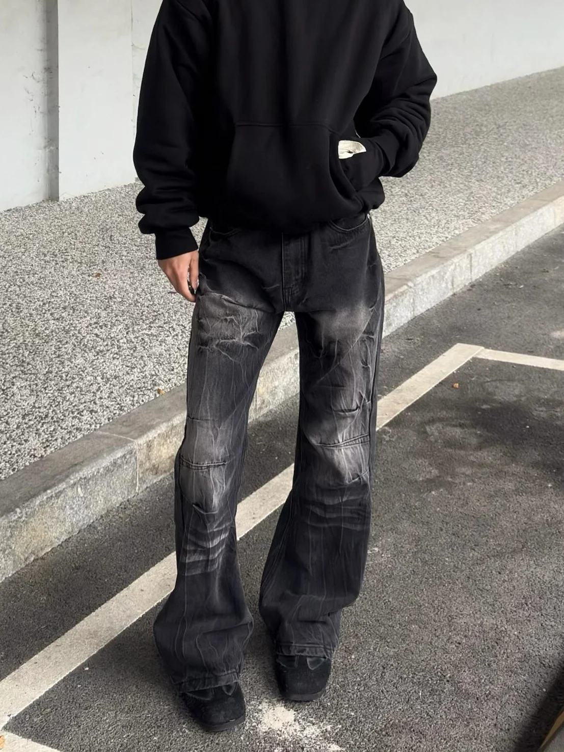 

Мужские джинсы-клеш в американском ретро-стиле с эффектом потертости и принтом молнии, прямые, модные, удлиненные, из денима