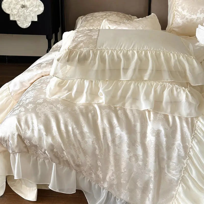 Top Luxury Princess Style 120s Lanjing Tencel Four Piece Set Spring and Summer Jacquard Cool Ice Silk Quilt Cover Bed Sheet Bedd