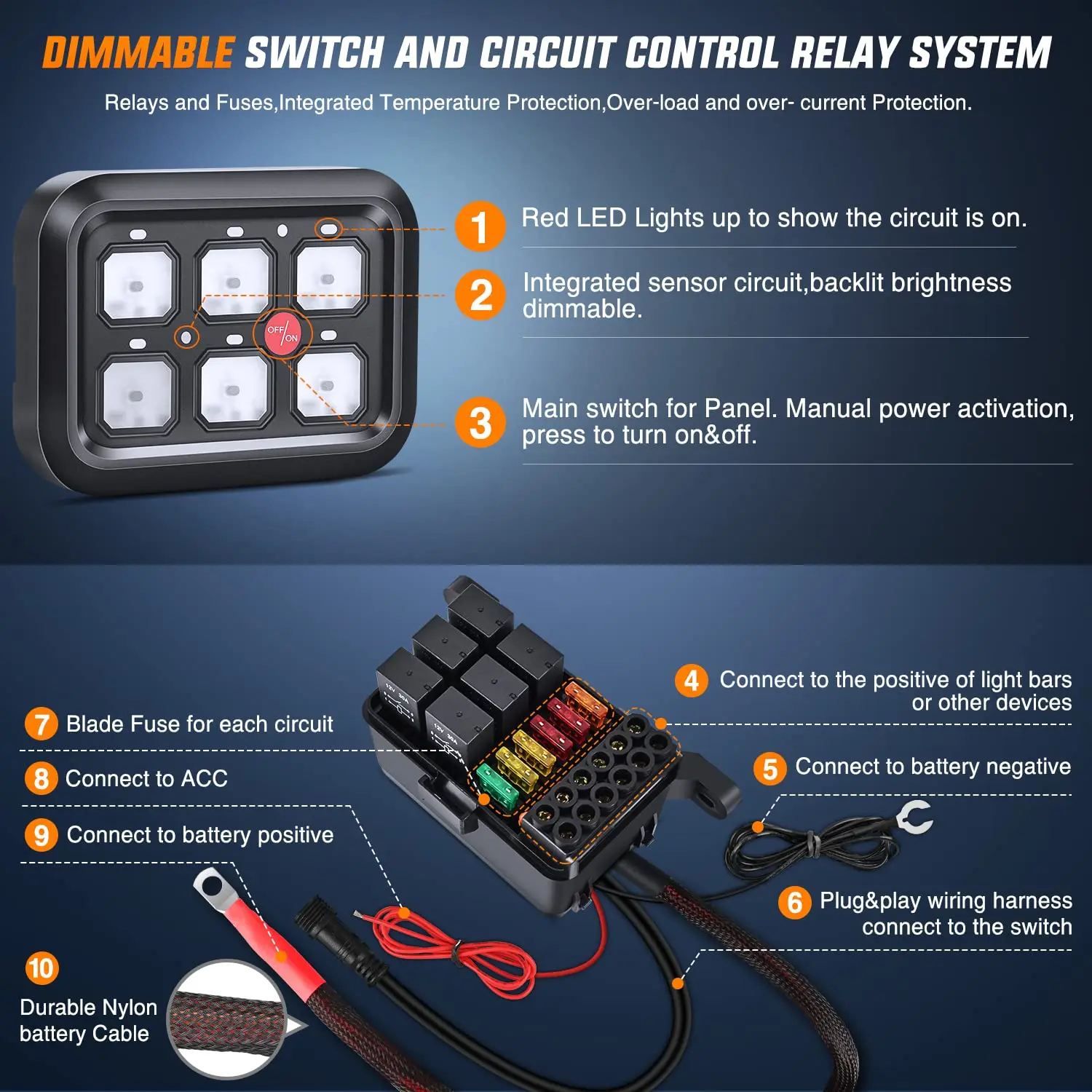 Panel de interruptor de 6 bandas, sistema de relé de Control de circuito Universal con arnés de cableado de fusible, interruptor LED de encendido y apagado regulable automático