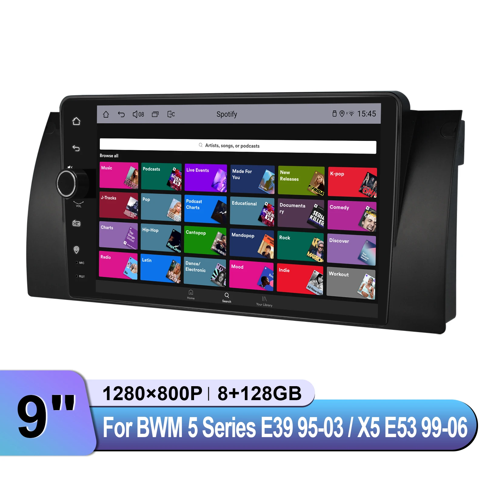راديو ستيريو للسيارة مقاس 9 بوصة من JOYING لسيارة BMW 5 Series E39 & X5 E53 1999-2006 مع أندرويد Auto & CarPlay يحافظ على التحكم في عجلة القيادة