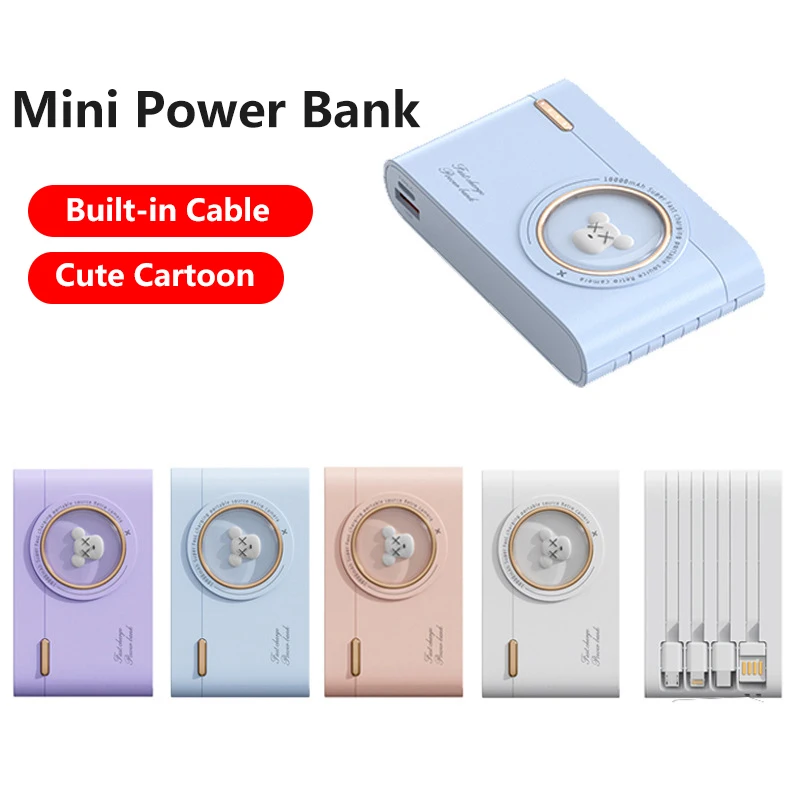 باور بانك لطيف على طراز الرسوم المتحركة بقدرة 10000 مللي أمبير في الساعة، كابلات مدمجة، شاحن محمول، بطارية خارجية لهاتف iPhone Huawei Android