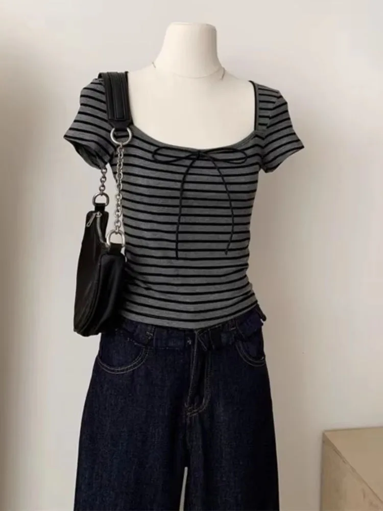 Women T Shirts Striped Printed Square Collar Bow Slim Vintage Crop Tops Grunge Gothic Y2k Aesthetic Harajuku Female