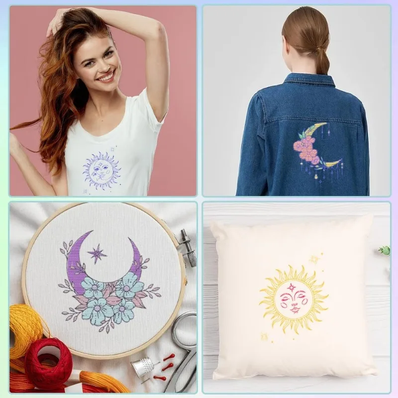 3 Sheets Sun and Moon Water Soluble Embroidery Patterns Stabilizers Hand Sewing Stick and Stitch A4 Transfers Fabric Wash Away