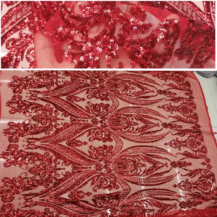 

Heavy Industry Red Palace Style Mesh Bottom Embroidered sequins Fabric, Wedding Dress Stage Performance Dress Fabric