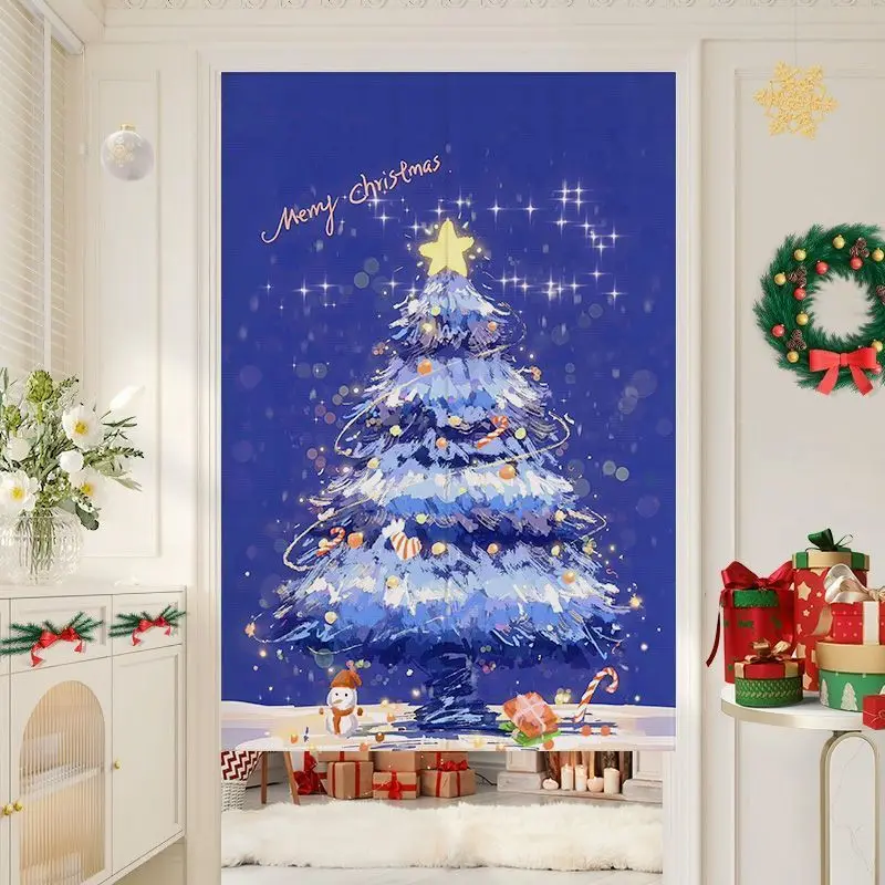 VIKAMA Christmas Rose Oil Painting Tree Door Curtain Pink Background Xmas Star Snowman Ornament Candy Cane Pastel Holiday Linen