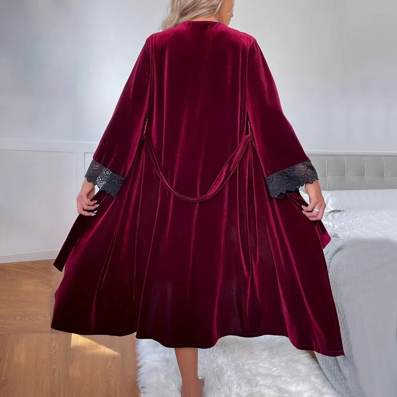 Bride Wedding Velour Robe Gown Spring Women Lace Kimono Bathrobe Bridesmaid Sleepwear Loungewear Casual Home Dress Nightgown
