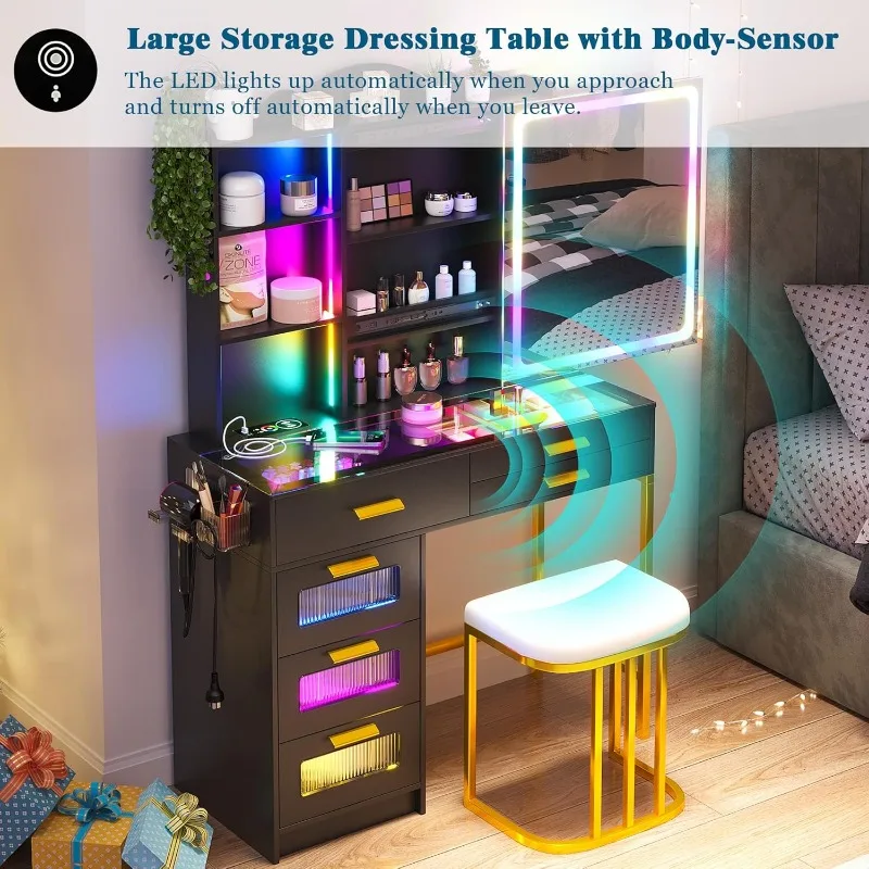 Vanity Desk with Mirror and Lights, RGB LED, Charging Station, 7 Dynamic and 24 Static Dimmable, Sensor Lights Dressing Table image 5
