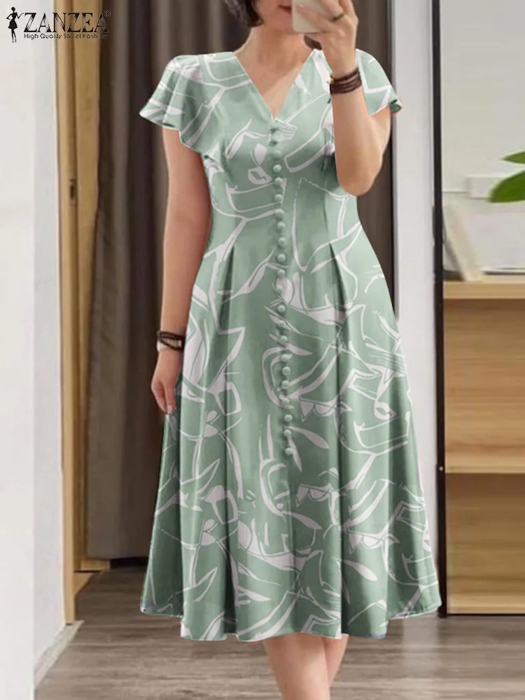 2024 ZANZEA Summer Casual Holiday Work Dress Bohemian Floral Printed Sundress Women Elegant V Neck Short Sleeve Midi Vestido