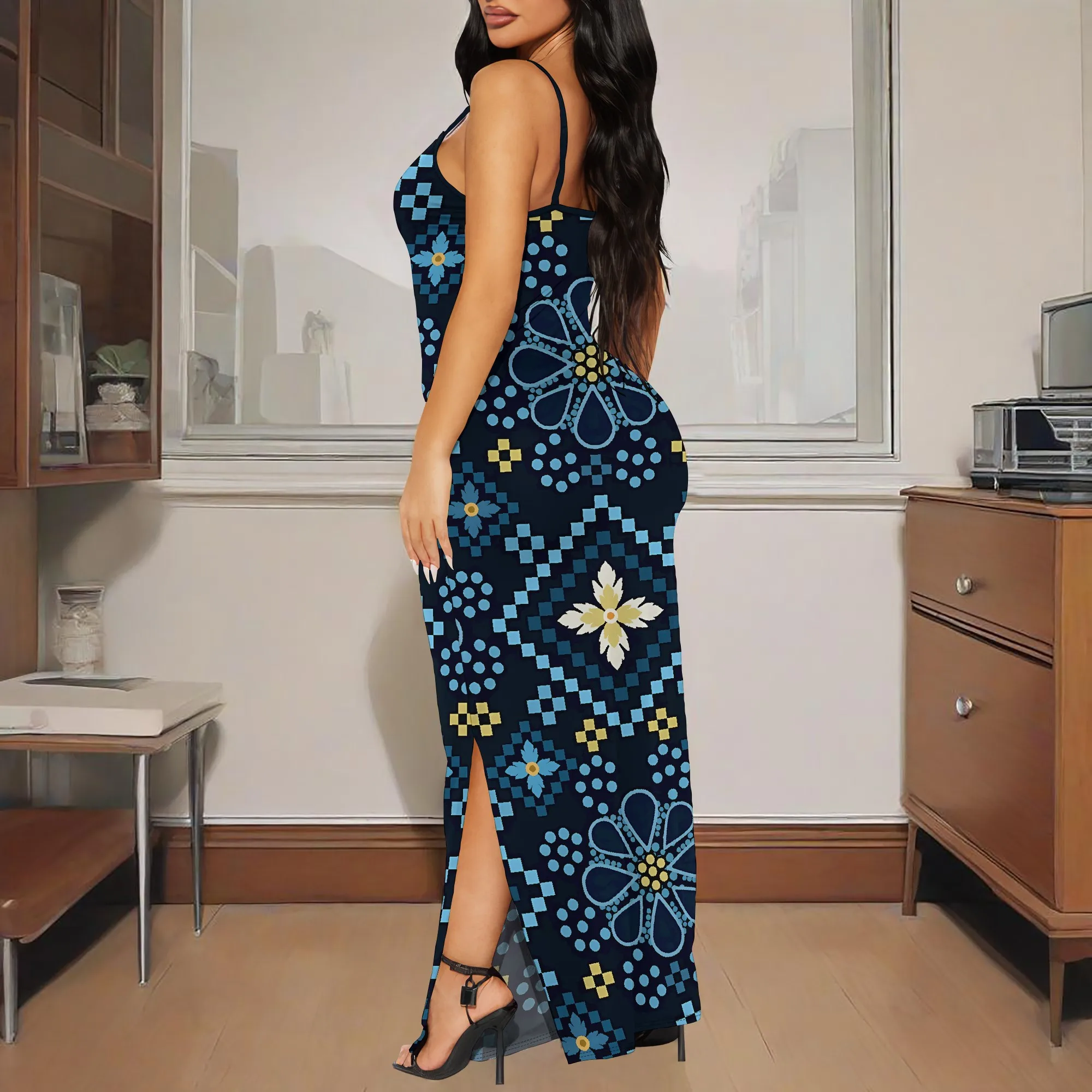 Nupusa Robe à carreaux imprimé floral pour femme Taille régulière Robe longue d'été décontractée à bretelles spaghetti