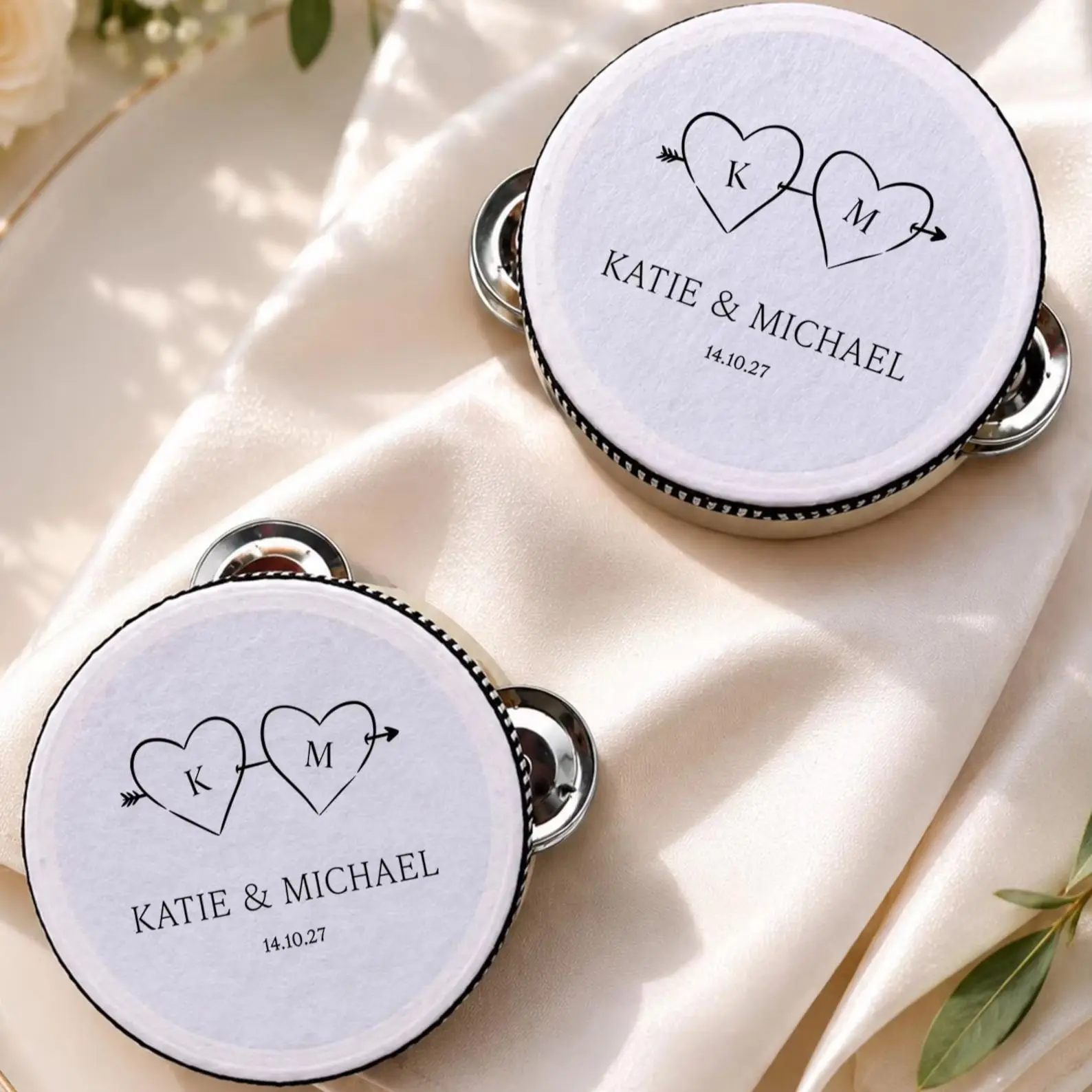 5pcs Custom Wedding Tambourine Personalized Bride Groom Names Bell for Wedding Ceremony Reception Party Bridal Shower Gift