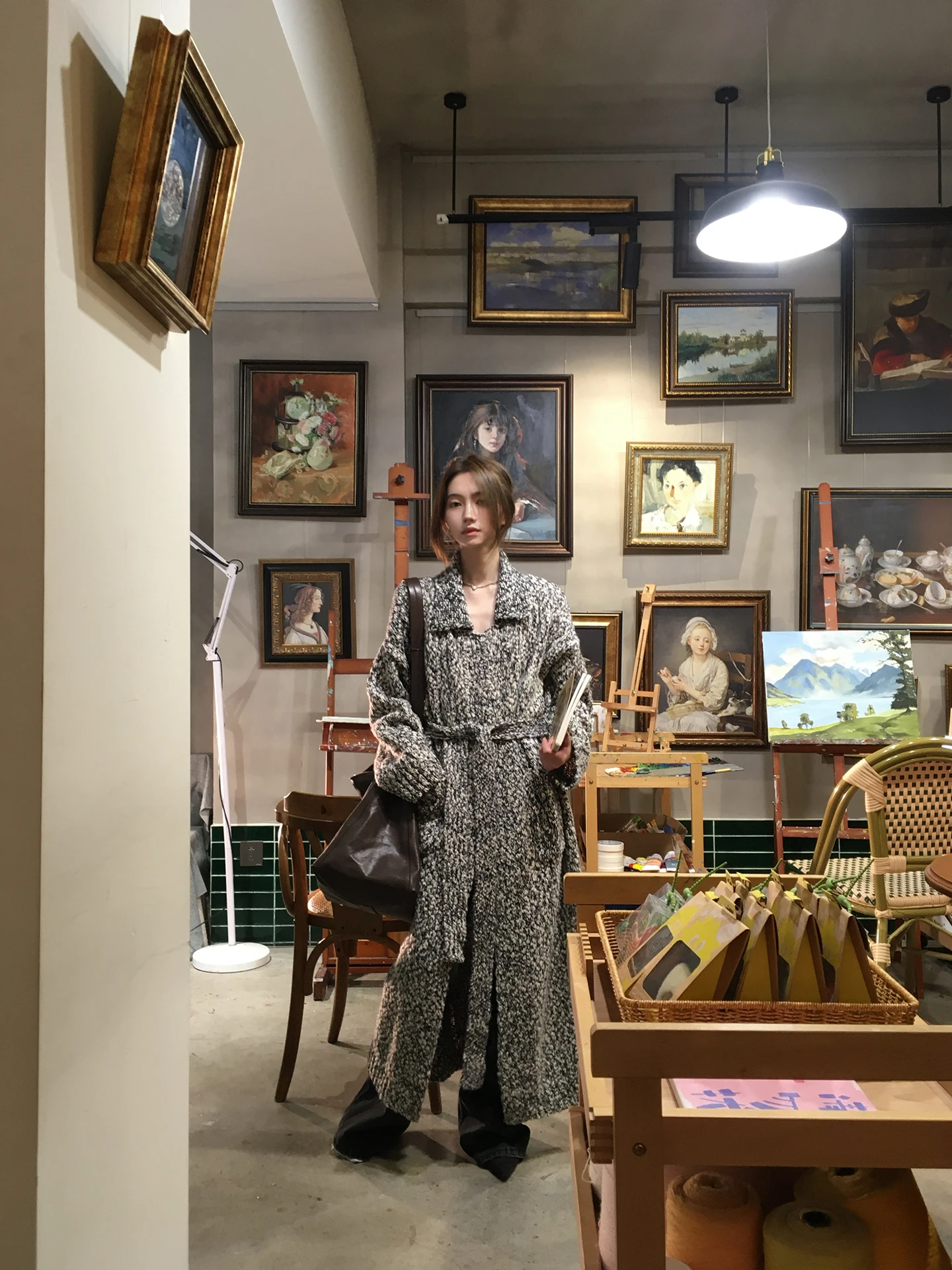 

Ele Long Knitted Coat for Women with Stand Collar And Belt Cunblvd High-End Feelings Faionable Warm Autumn Outerwear