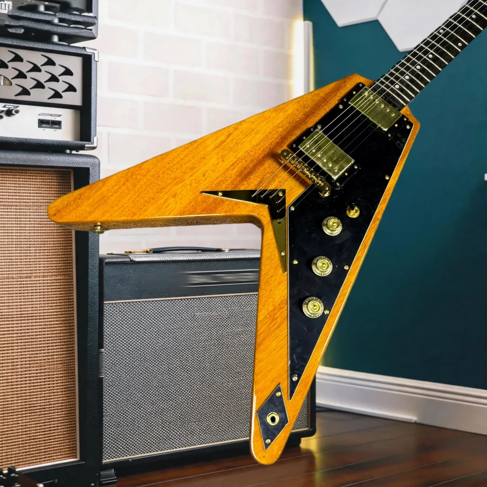 Vintage 1958 Flying V Style Electric Guitar Natural Korina Wood Finish Dual Humbuckers, Michael Schenker Inspired Classic V view 4
