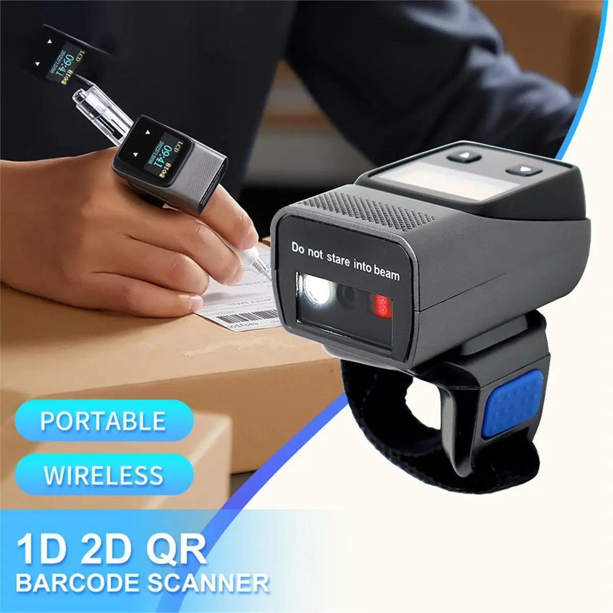 AA80 Ring Barcode Scanner, Bluetooth Finger QR Code Reader, 1D Laser/2D with Screen Scanning Support, with Screen