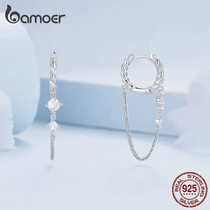 Bamoer 925 Sterling Silver Exquisite Tassel Ear Buckle for Women Crystal Tassel Pendant Hoop Earrings Anniversary Jewelry