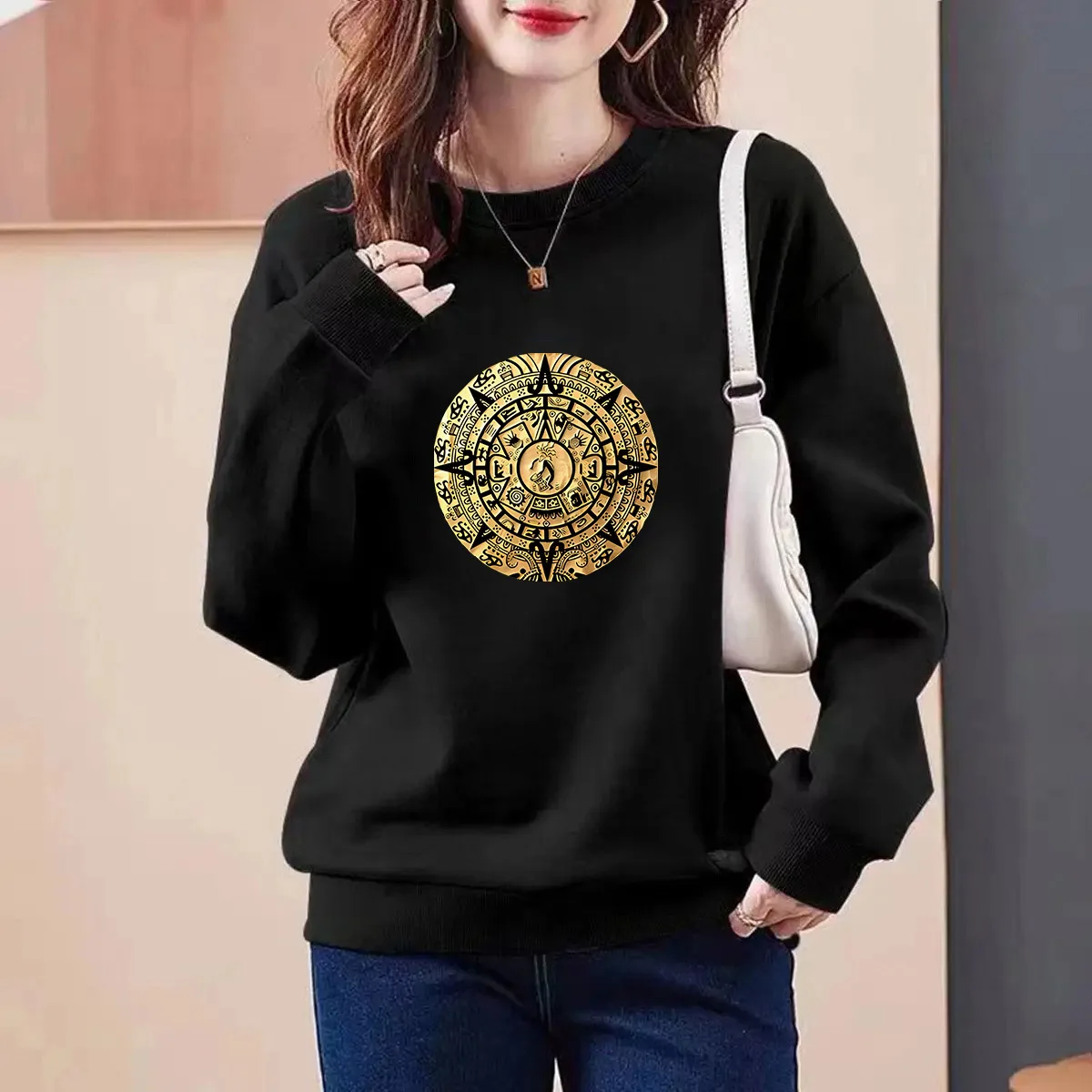 Women Clothing Chic Pinted Sweatshirts Autumn New Loose All Cotton O-neck Pullover Hoodies Casual Comfortable Y2k Tops