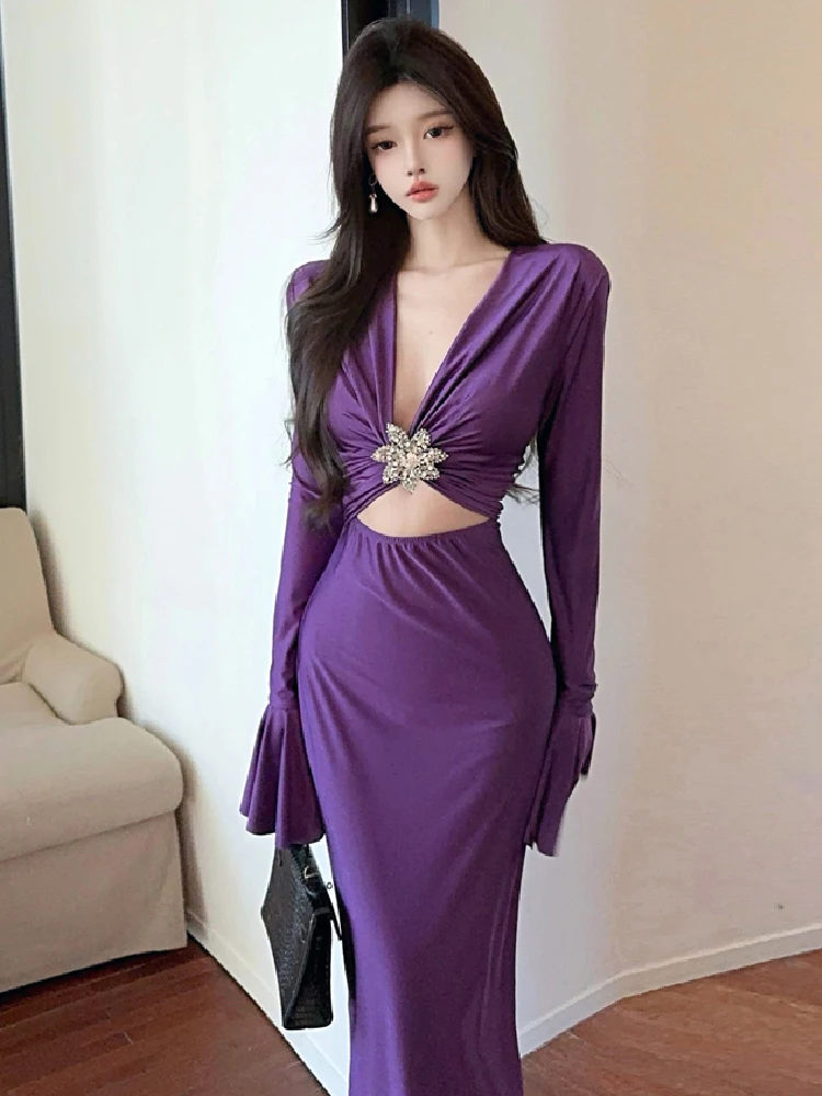

Women Spring New V-Neck Long Flare Sleeve Bodycon Elegant Slimming Hollow Out Sexy Maxi Dress Club Party Evening Dress