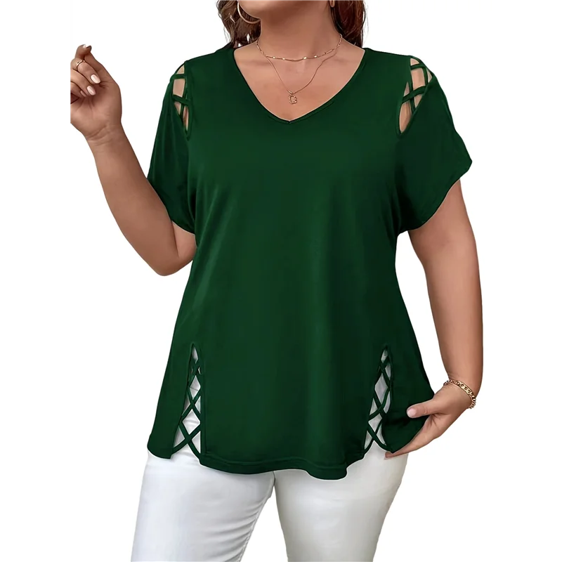 ABRT-Tops túnica femininos de manga curta cortados com decote em V elegantes casuais soltos tops longos
