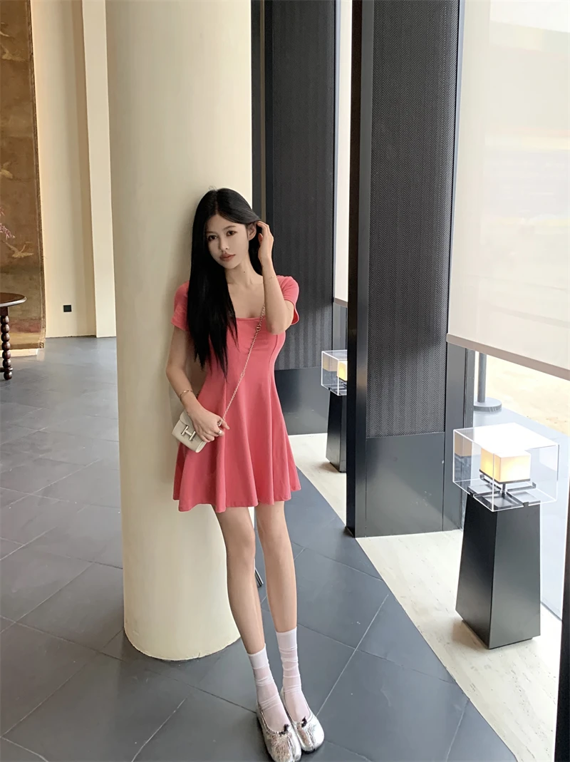 2024 New Sexy Big U Neck Breast Short Sleeve A-line Dress Female Summer New Slimming Waist Short Skirt