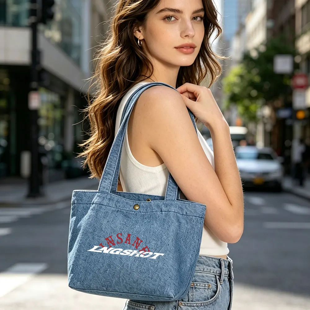 Kpop Lngshot INSANE Tote Bag Women Small Denim Shoulder Bag for Beach Travel Shopping