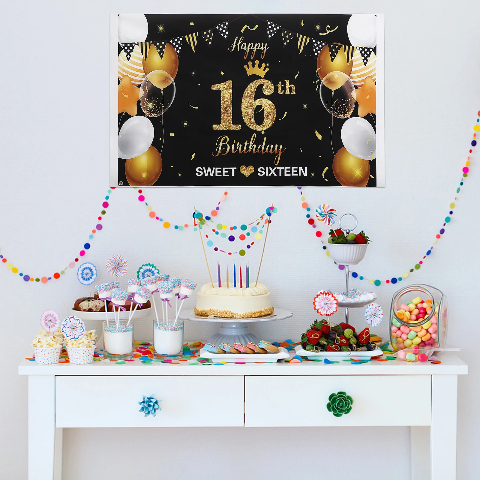 

Birthday Background Wall 16 Years Old 3D Print Vivid Non-Reflective Hemmed Durable Photo Studio Party Decor Tapestry Photography