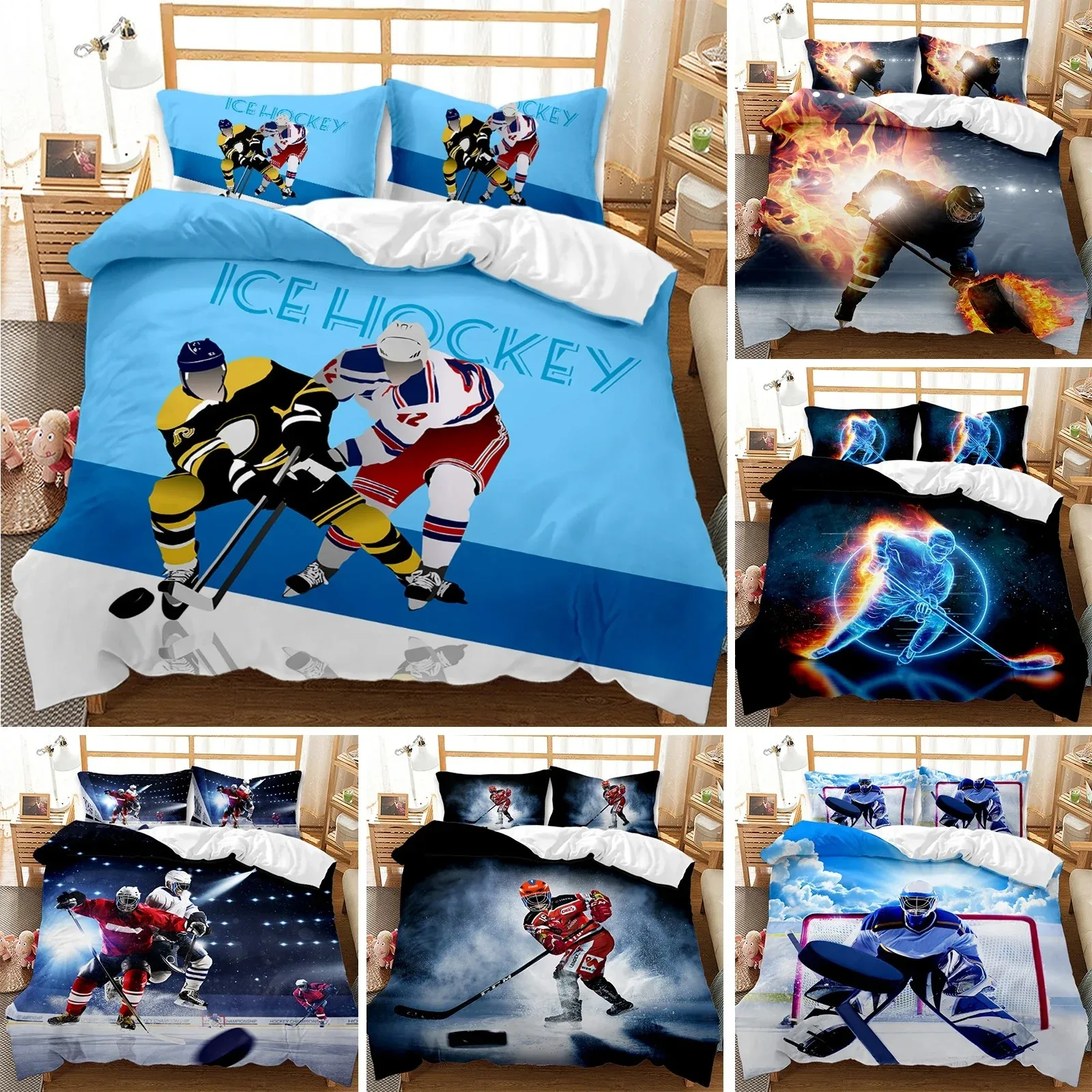 Ice Hockey Duvet Cover Twin Hockey Sport Player Bedding Set Winter Extreme Sport Game Comforter Cover Soft Polyester Quitl Cover