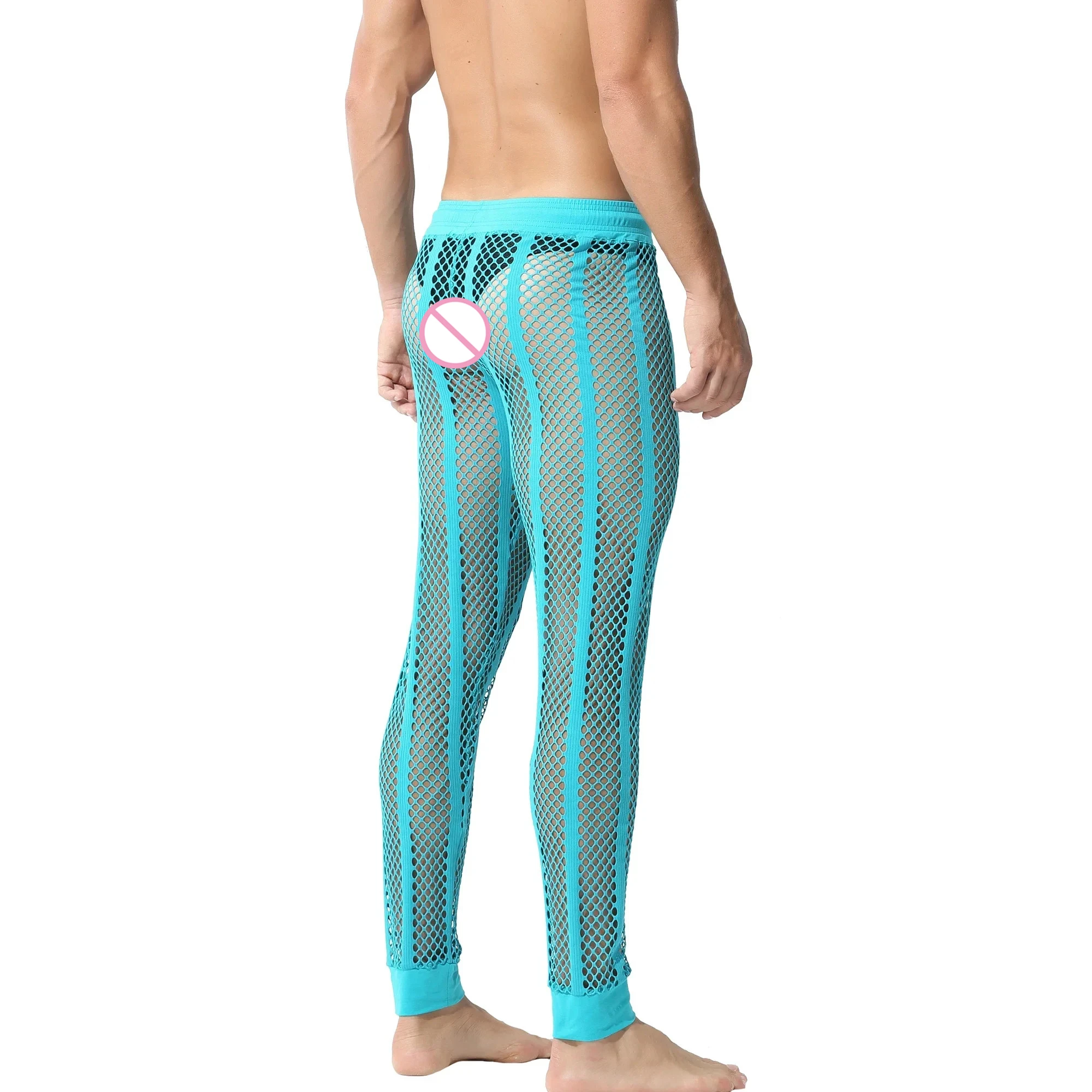 Men Pants Mesh Long Johns Patchwork Elastic Waist Transparent Streetwear Casual Trousers Fitness Sexy See Through Pajama Pants