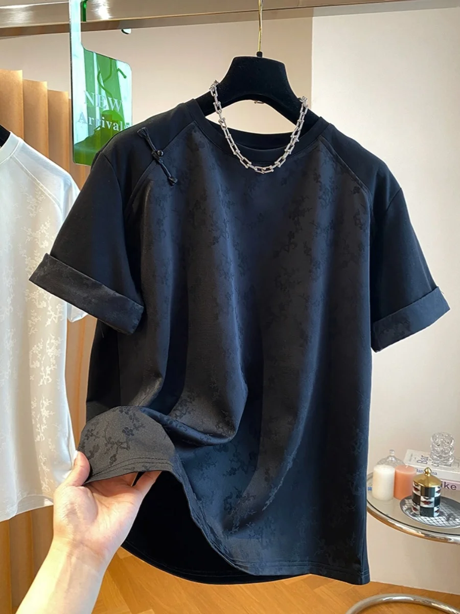 

Женская футболка Chinese Sle National Faion ort Sve Loose Satin Patchwork Base irt Top с пуговицами