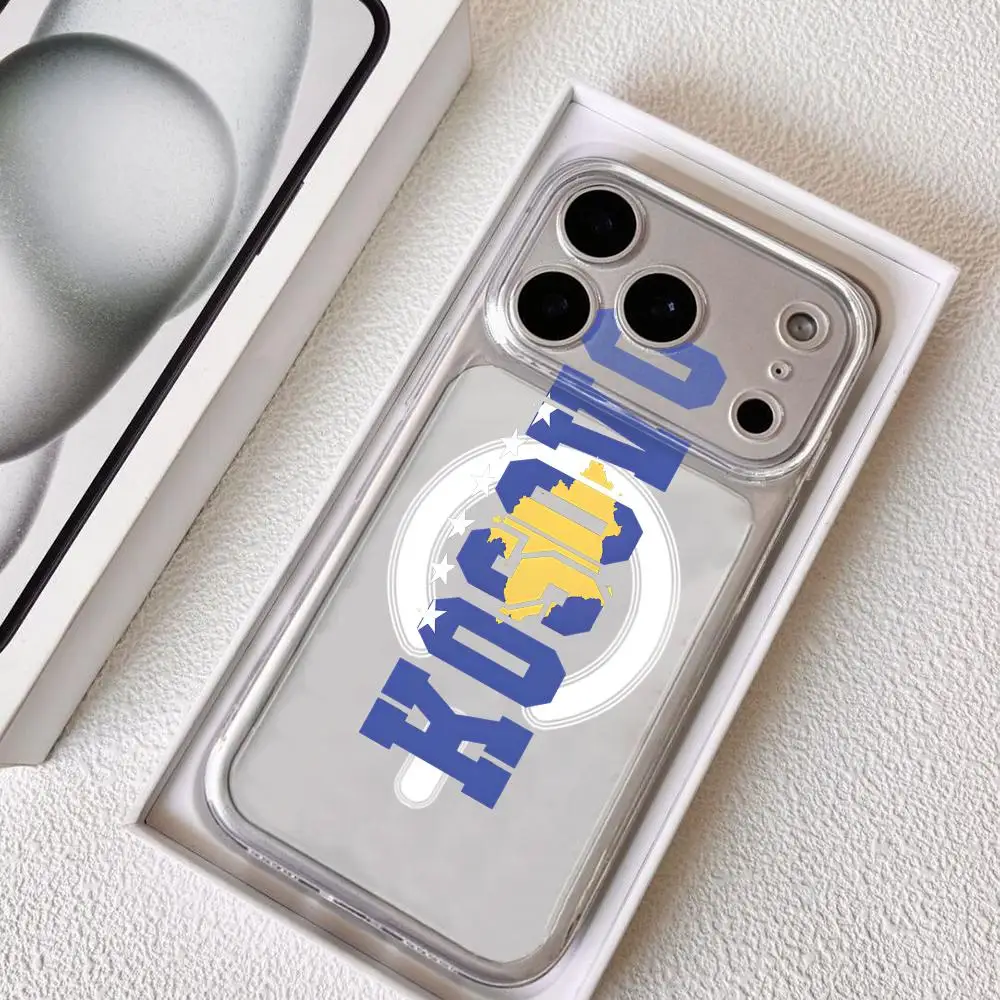 Capa de Celular K-KosovoS com Bandeira, Magnética, Transparente Cristalina para iPhone 17-12 Pro Max Plus, Capa Fina Transparente com Carregamento