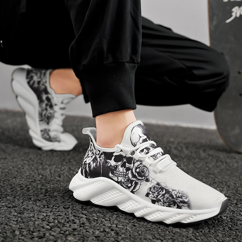 Gothic Boy Black Skull Design Light Soft Flats For Women Comfortable Mesh Sneakers Lace-up Running Shoes Halloween Gift 2025