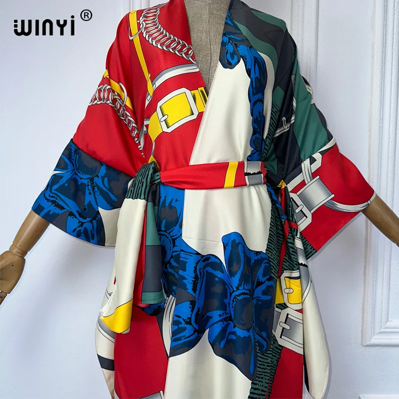 WINYI Bikini Cover-ups Fashion printing Self Belted Women Summer Clothing Kimono Dress Beach Wear Swim Suit beach Cover Up