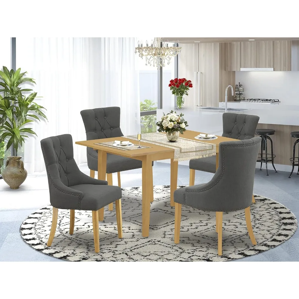 5-Piece Kitchen Table Set Includes a Rectangular Dining Table with Butterfly Leaf and 4 Dark Gotham Linen Fabric Upholstered