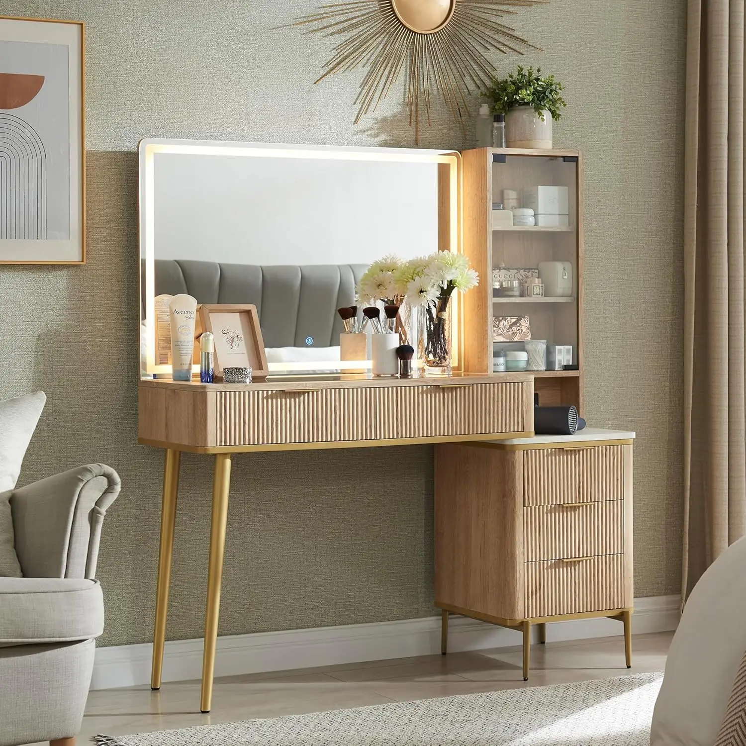 

48" Big Modern Vanity Desk with Mirror and Lights, Dressing Table with 5 Drawers & Shelves, Glass Top for Bedroom (Natural Oak)