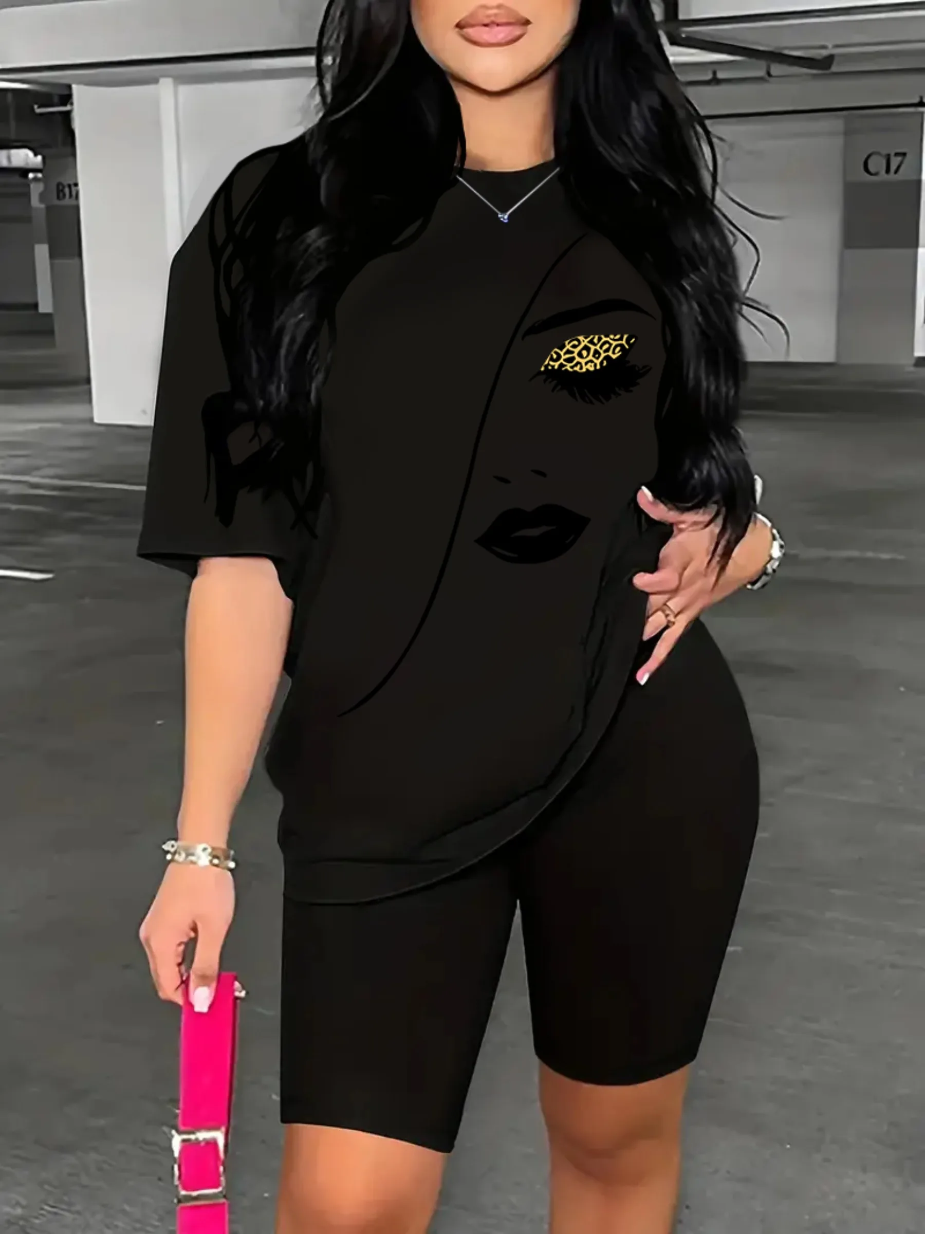 Plus Size 2 Piece Womens Sports Outfit Set - Crew Neck Short Sleeve T-shirt Top & Shorts with Medium Stretch Polyester Fabric