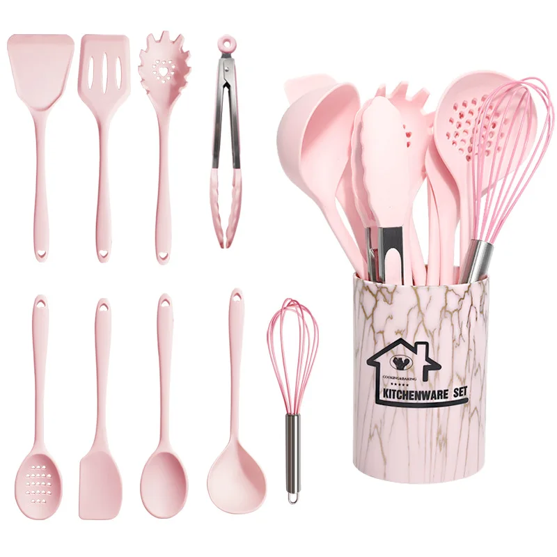 10Pcs Pink Silicone Cooking Utensils Set Non-Stick Pan Baking Tools Kitchenware Spatula Spoon Food Tongs Kitchen Kit with Box