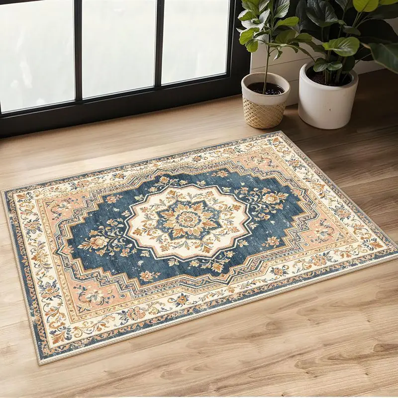 VIKAMA Navy Oriental Medallion Crystal Velvet Rug, 8 Assorted Designs, Non-Slip Washable Area Rug