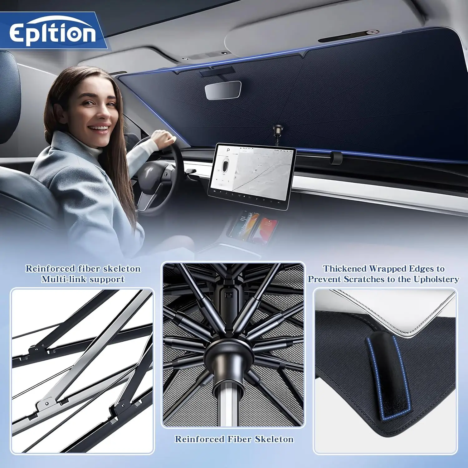 2024 Newest Tesla Model 3/Model Y Windshield Sunshade Double Layer Umbrella-[Outer Cooling Ice Crystal Layer][Built-in Vinyl In